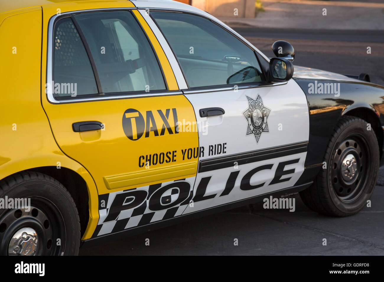 Las Vegas, Nevada - A police car painted partially as a taxi, part of a campaign against drunk driving. Stock Photo