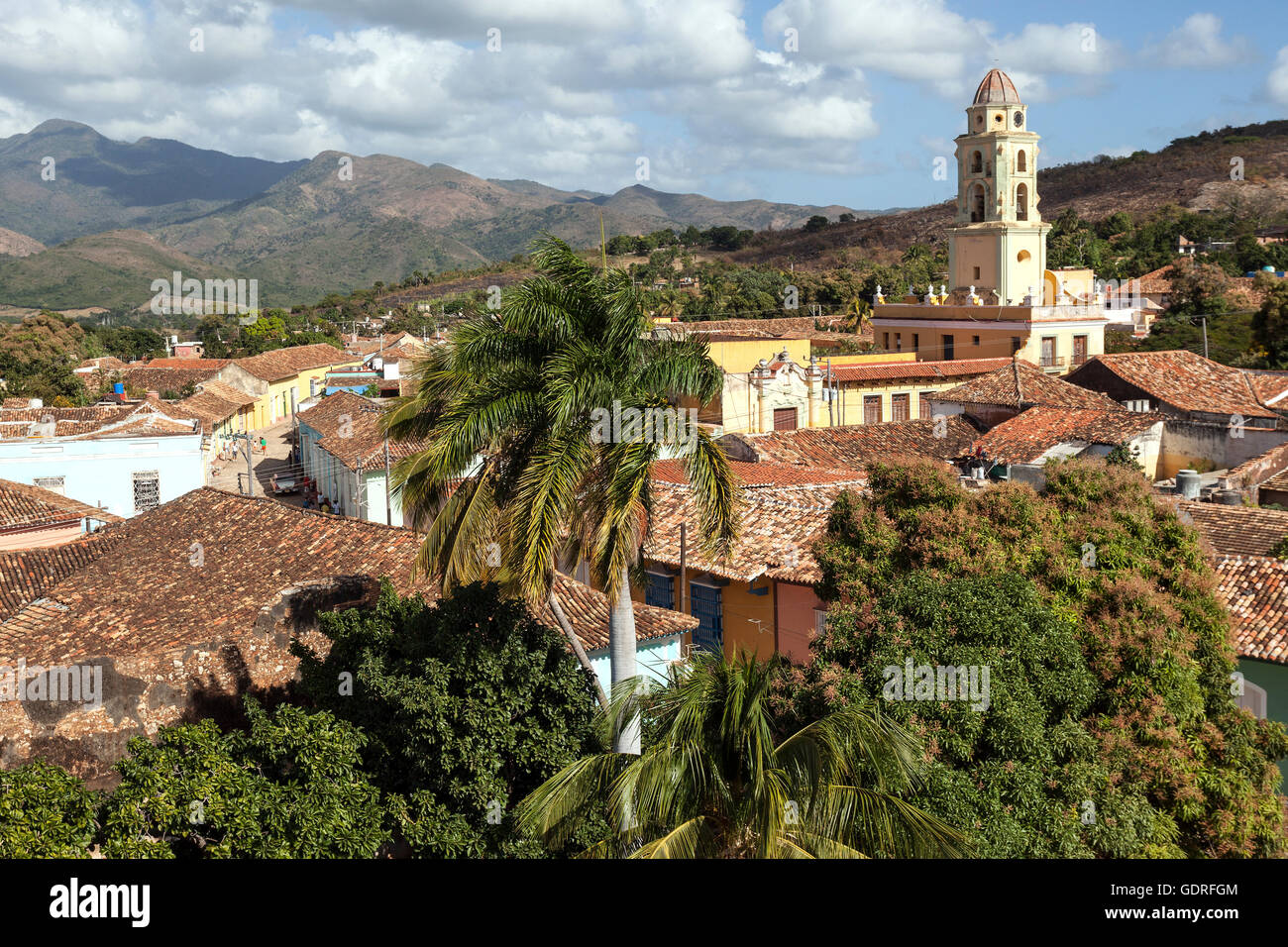 View from tower of Museo de Historia Municipal, City Museum, view of roofs of the historic city centre and bell tower of Iglesia Stock Photo