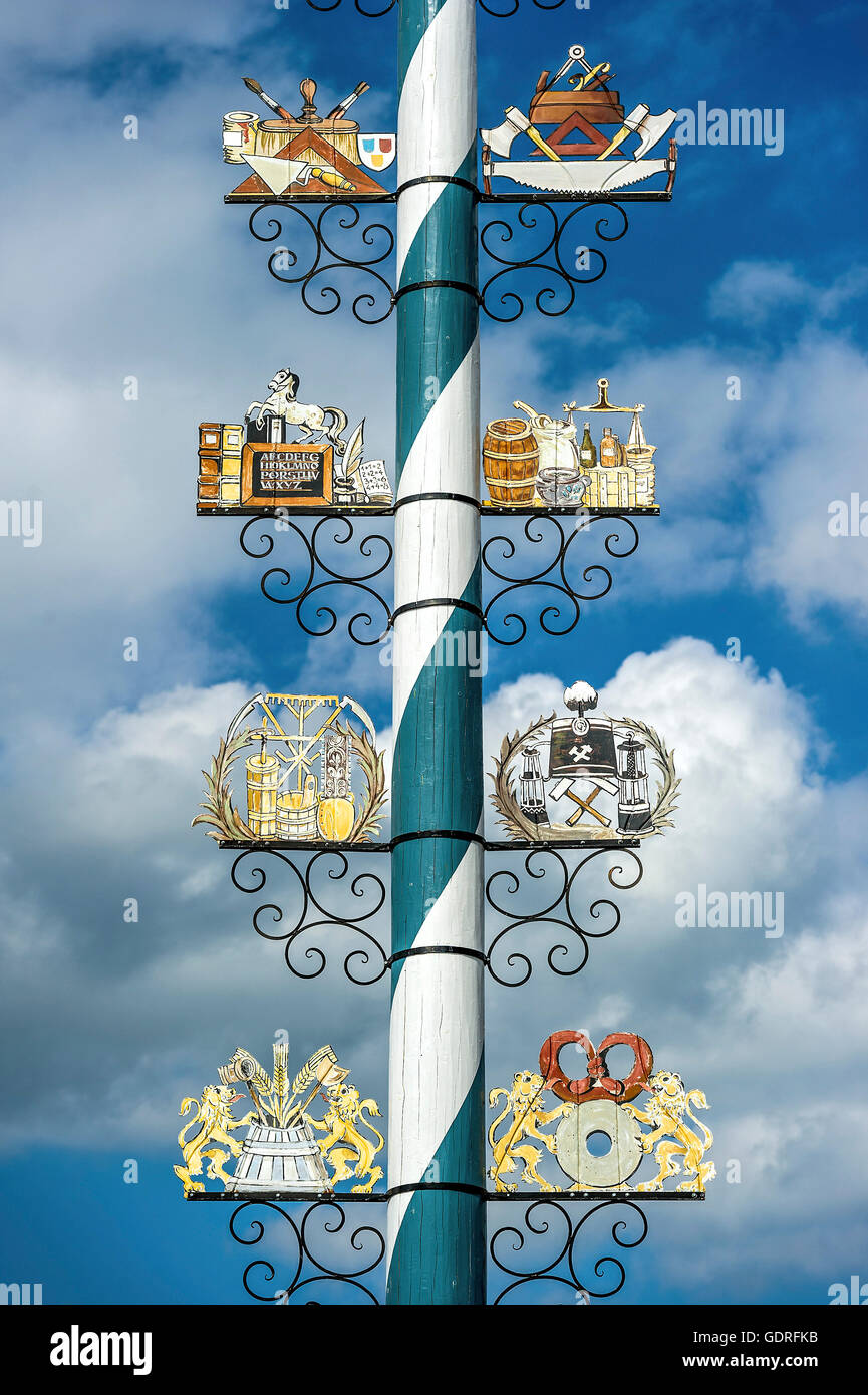 Maypole, detail with motifs of different trades, Miesbach, Upper Bavaria, Bavaria, Germany Stock Photo