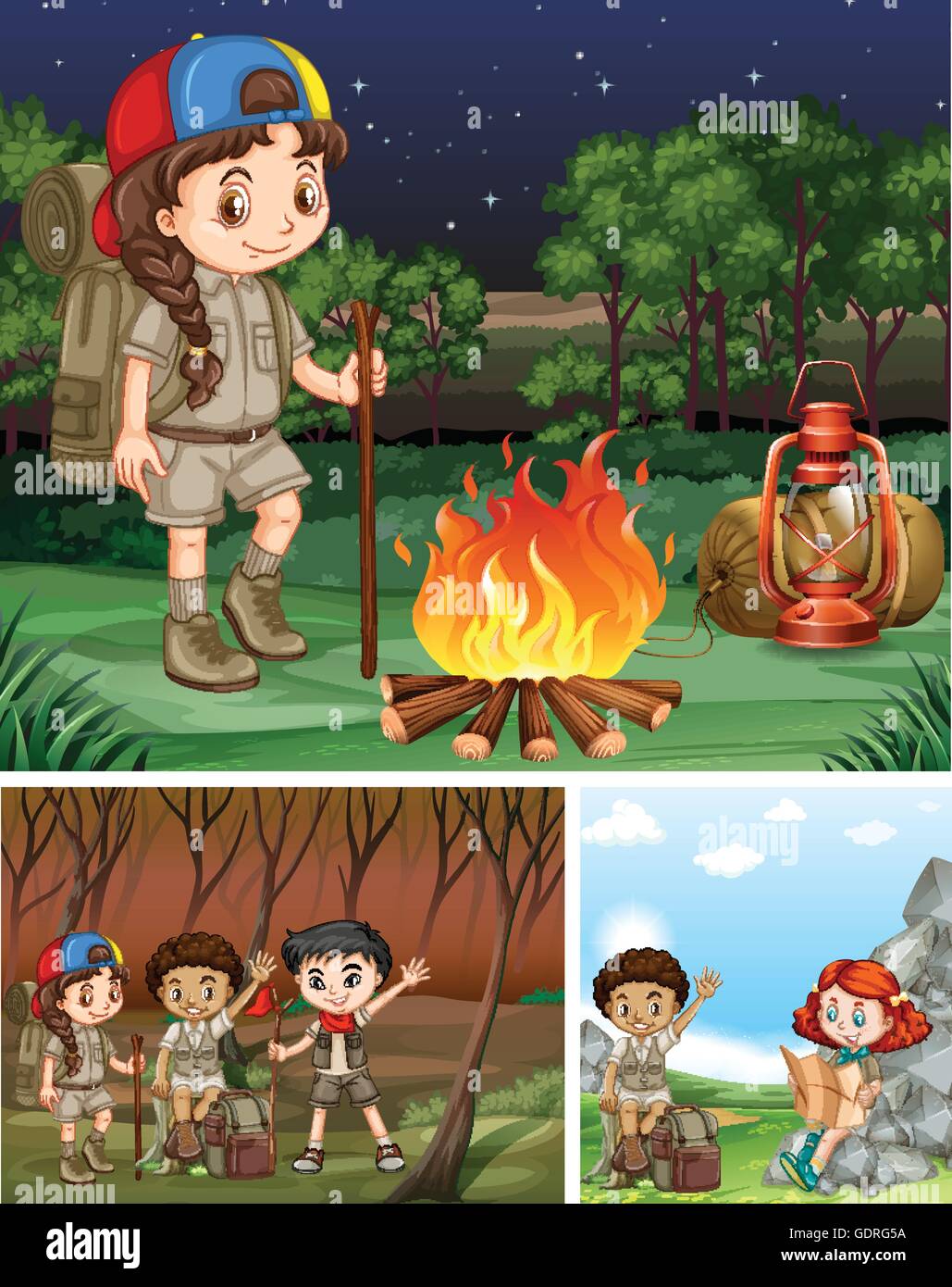 Children camping out in the forest illustration Stock Vector Image ...