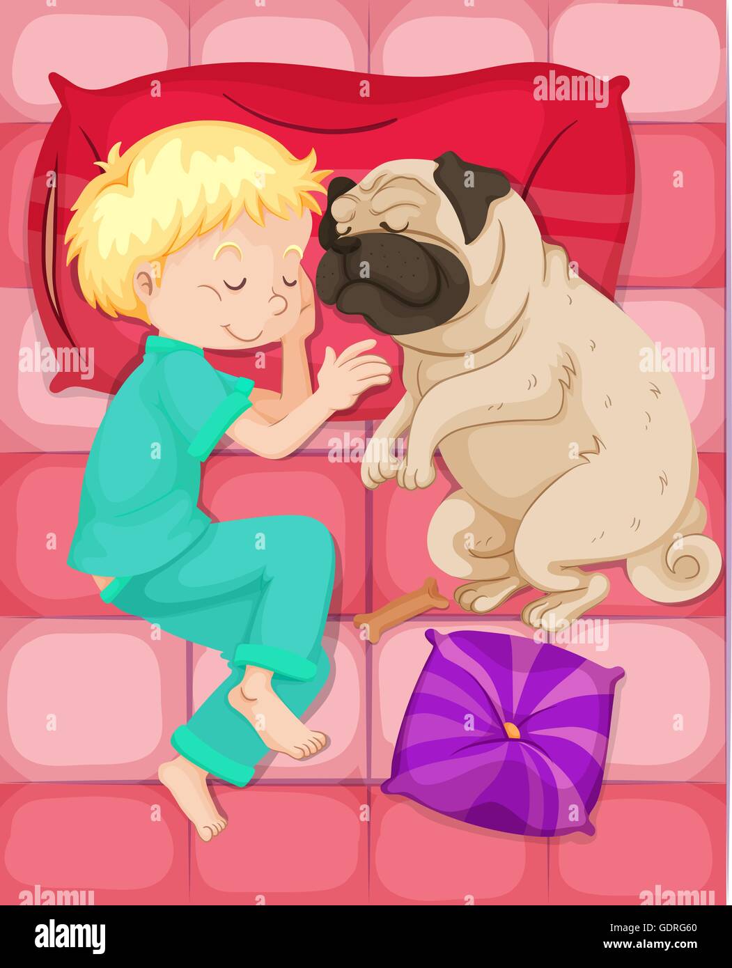 Boy sleeping with pet dog in bed illustration Stock Vector