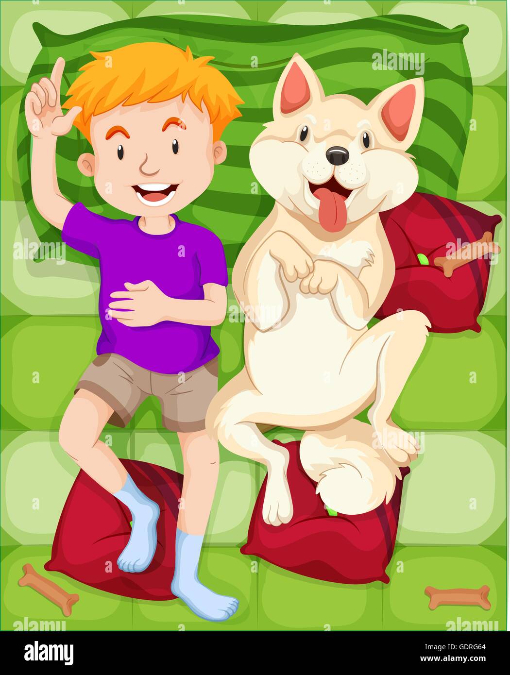 Dog and boy sleeping on the bed illustration Stock Vector