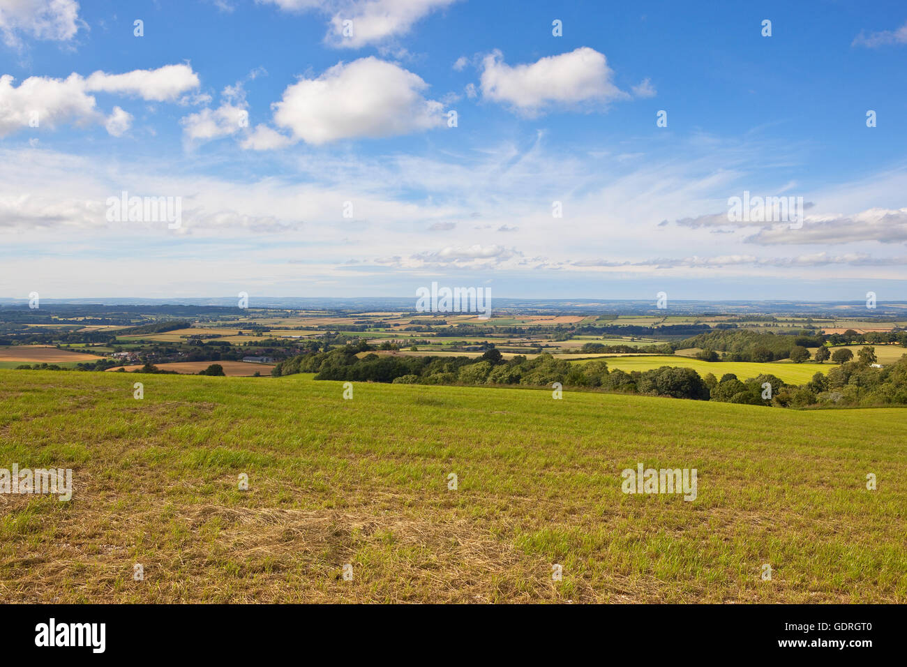 A cut hay field with views over the patchwork landscape of the Yorkshire wolds under a blue sky in summertime. Stock Photo