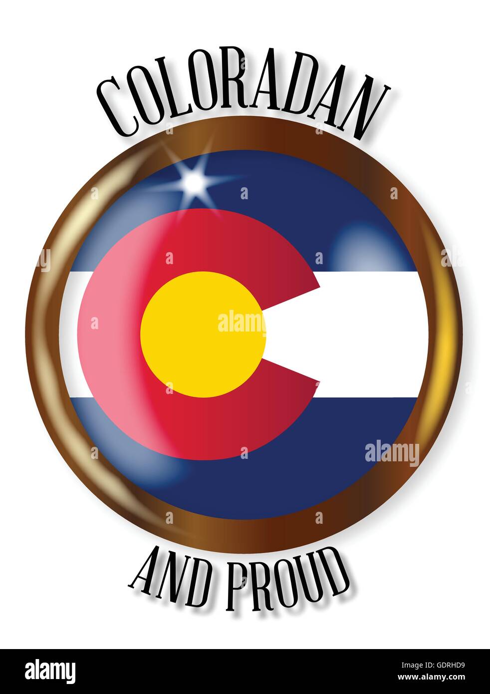 Colorado state flag button with a gold metal circular border over a white background with the text Coloradan and Proud Stock Vector