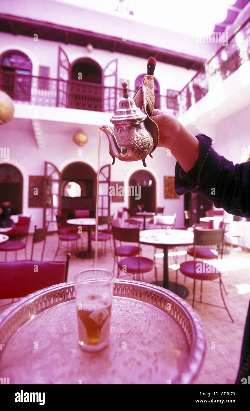 A Tea House at the Djemma del Fna Square in the old town of Marrakesh in Morocco in North Africa. Stock Photo