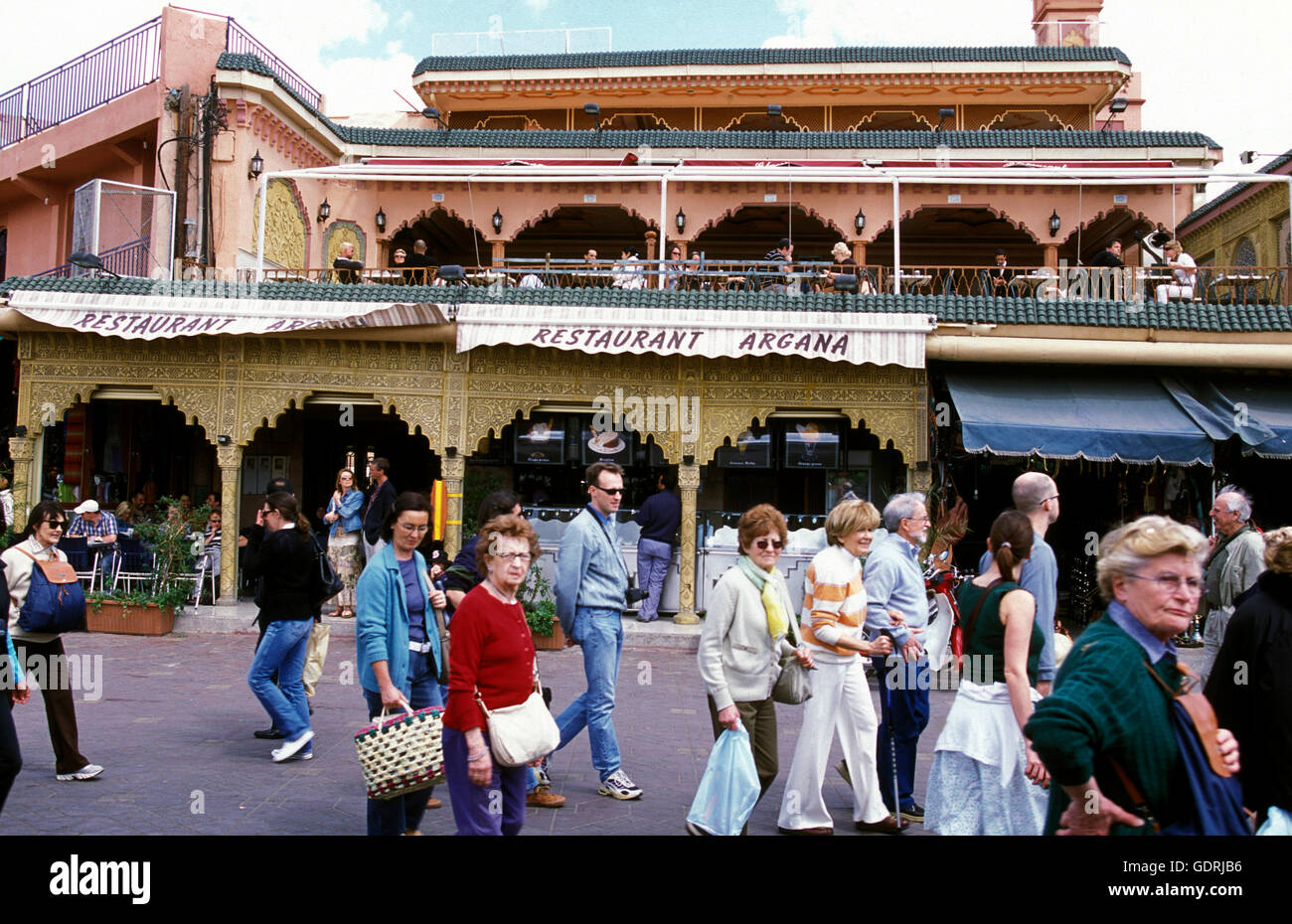 The Reataurant Argana at the Djemma del Fna Square in the old town of Marrakesh in Morocco in North Africa. Stock Photo