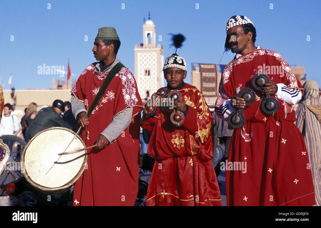 Traditional Music player at the Djemma del Fna Square in the old town of Marrakesh in Morocco in North Africa. Stock Photo