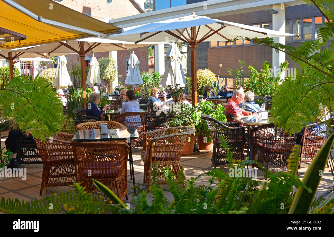 Rooftop terrace cafe over indoor market in city centre of Funchal, Madeira, Portugal Stock Photo