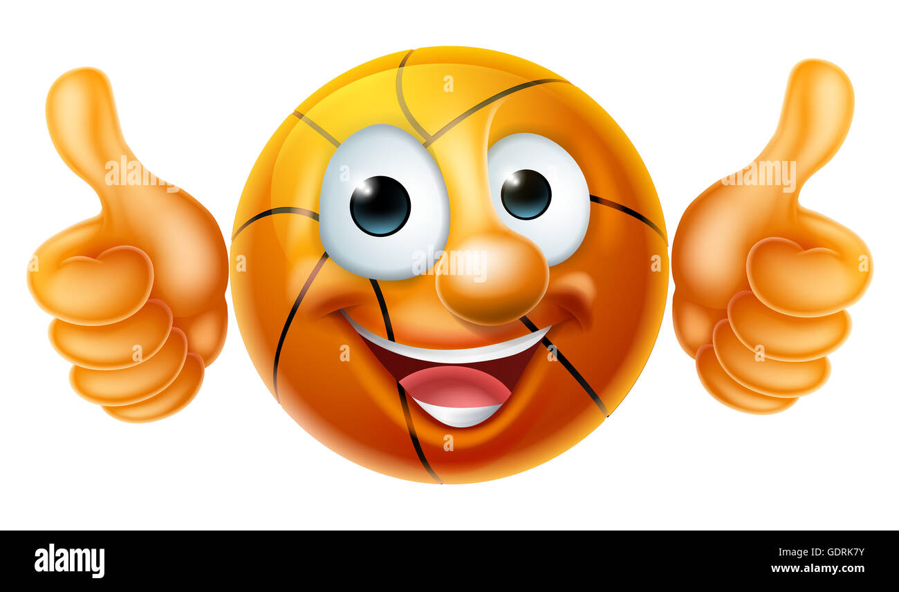 A happy cartoon basketball ball man mascot character doing a double thumbs up Stock Photo
