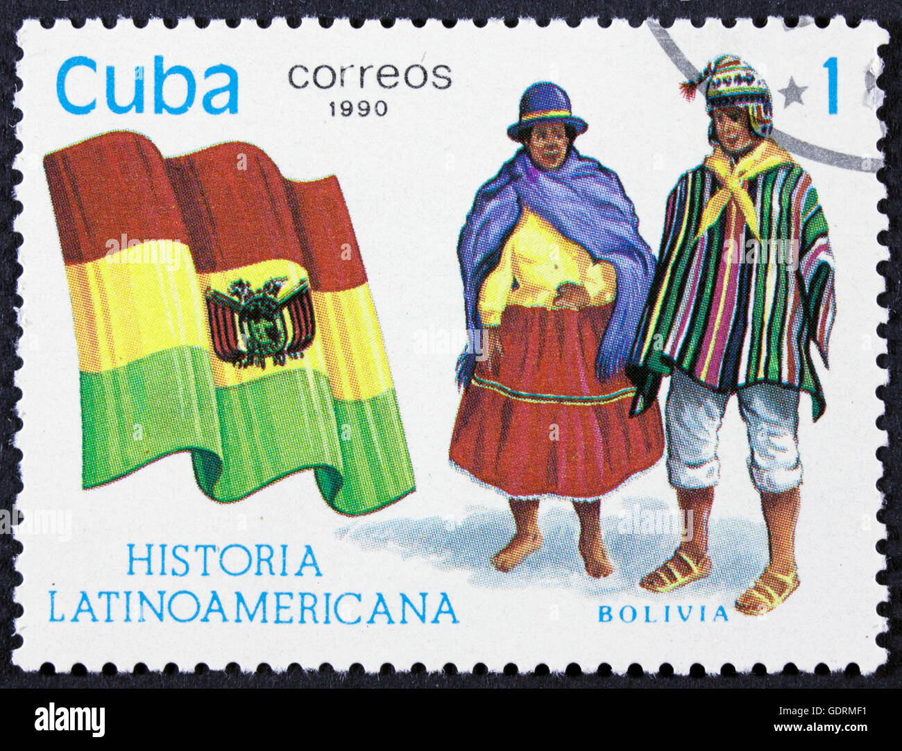 CUBA - CIRCA 1990: A stamp printed in Cuba, shows Flag and a couple
