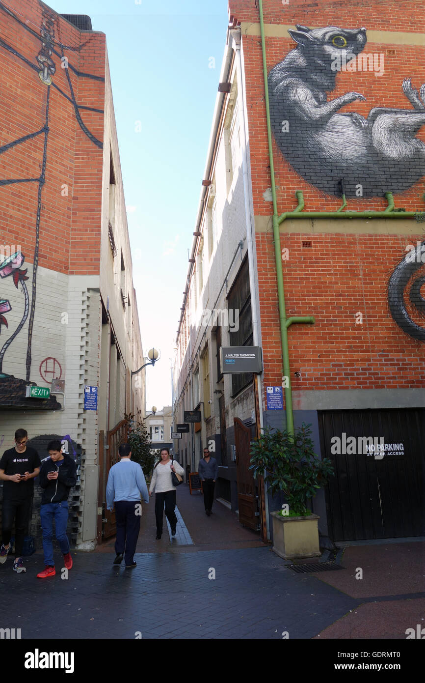 Innercity lanes bustling with funky new laneway cafes and street art, Wolf Lane, Perth, Western Australia. No MR or PR Stock Photo