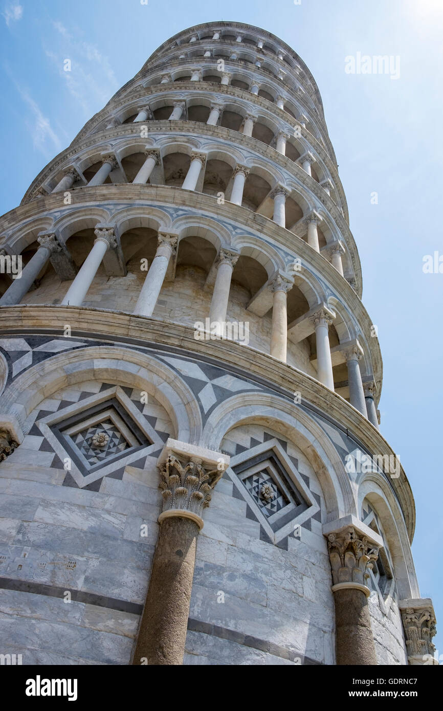Looking up the side of the leaning tower of Pisa, Tuscany, Italy Stock Photo