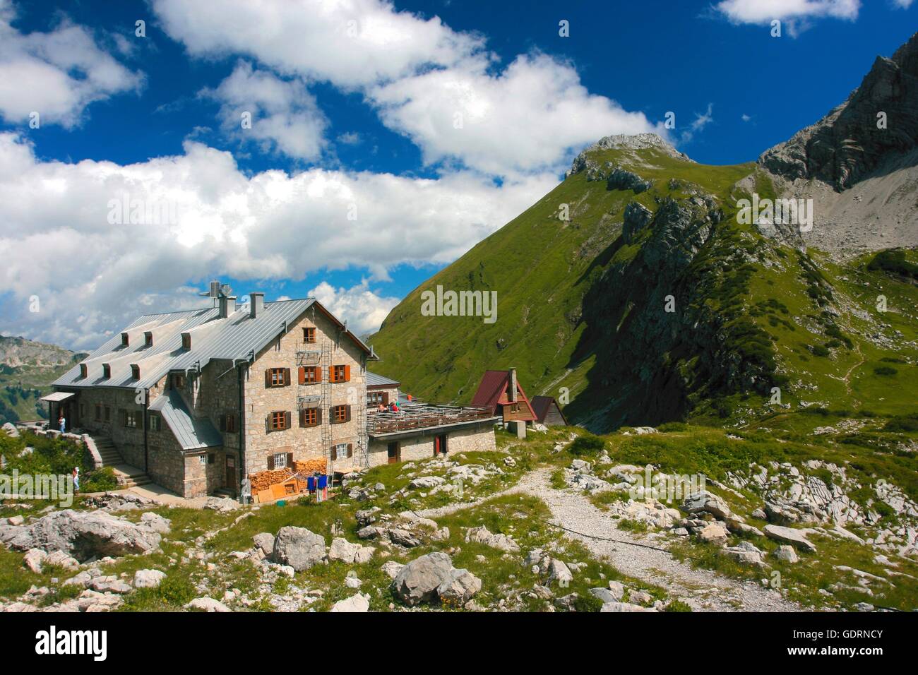 geography / travel, Germany, Bavaria, landscapes, Alps, Hintersteiner Tal, Prinz-Luitpold-Huette am  Hochvogel (mount), , Additional-Rights-Clearance-Info-Not-Available Stock Photo