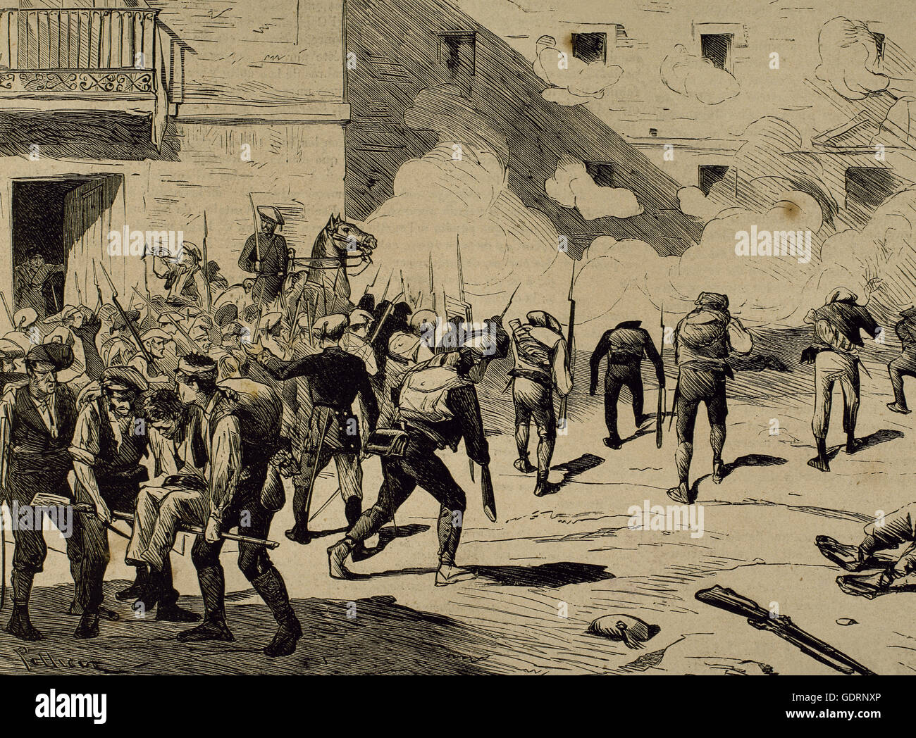 Spain. Third Carlist War. In June 1872 the Carlist general Joan Francesch i Serret (1833-1872) enters in Reus (Catalonia) with 400 soldiers and surprising the liberal garrison. He died in combat. Engraving by Pellicer in 'La Ilustracion Española y Americana', 1872. Stock Photo