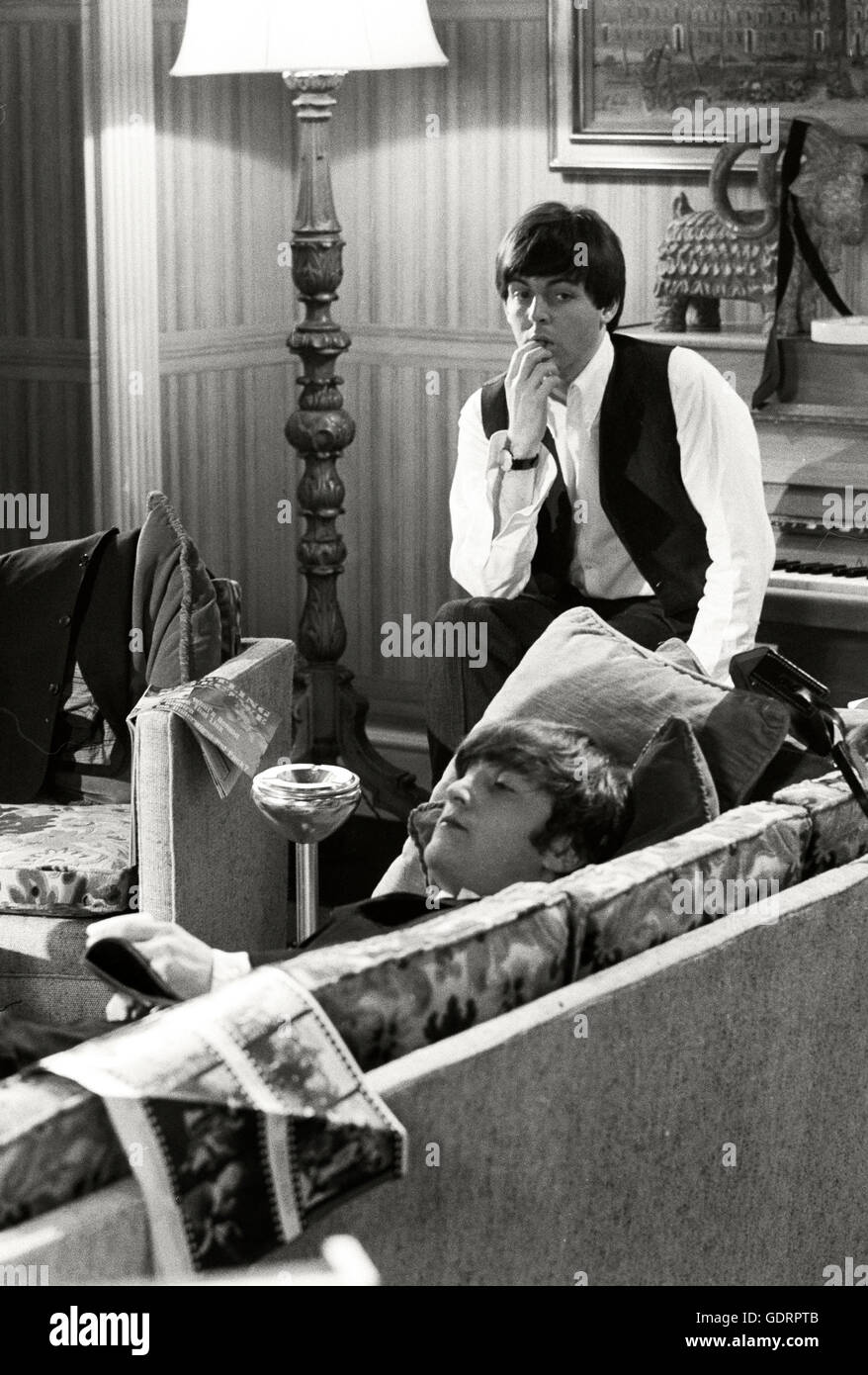 McCartney and John Lennon Starr on set for A Hard Days Night at Twickenham Studio. Stock Photo