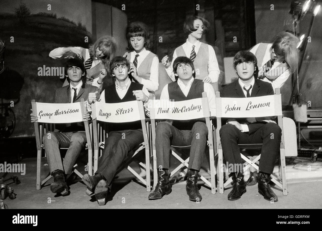 The Beatles Being Groomed on a Set of Hard Days Night Stock Photo