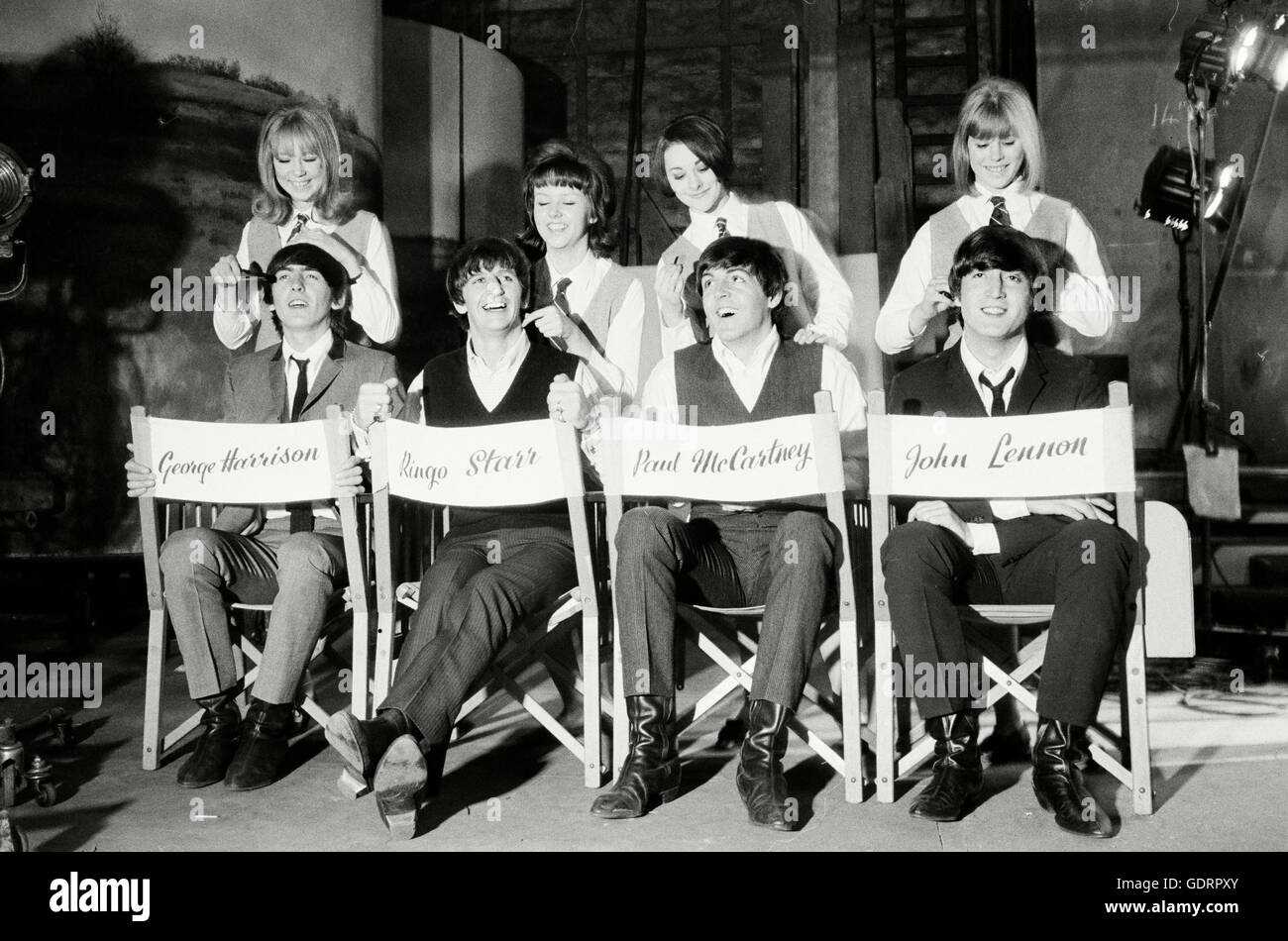 The Beatles Being Groomed on a Set of Hard Days Night Stock Photo