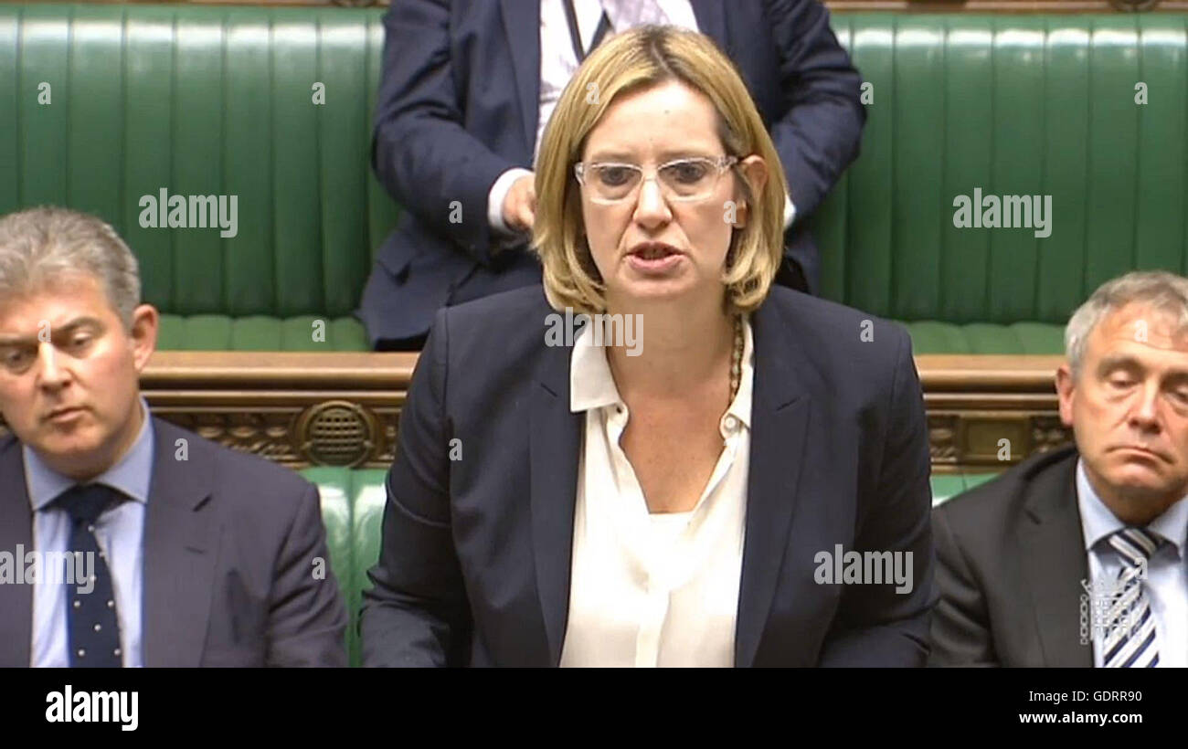 Home Secretary Amber Rudd speaks in the House of Commons, London, after Andy Burnham accused the Government of trying to shunt a proposed inquiry into the Battle of Orgreave 'into the long grass' and demanded it is launched 'today'. Stock Photo