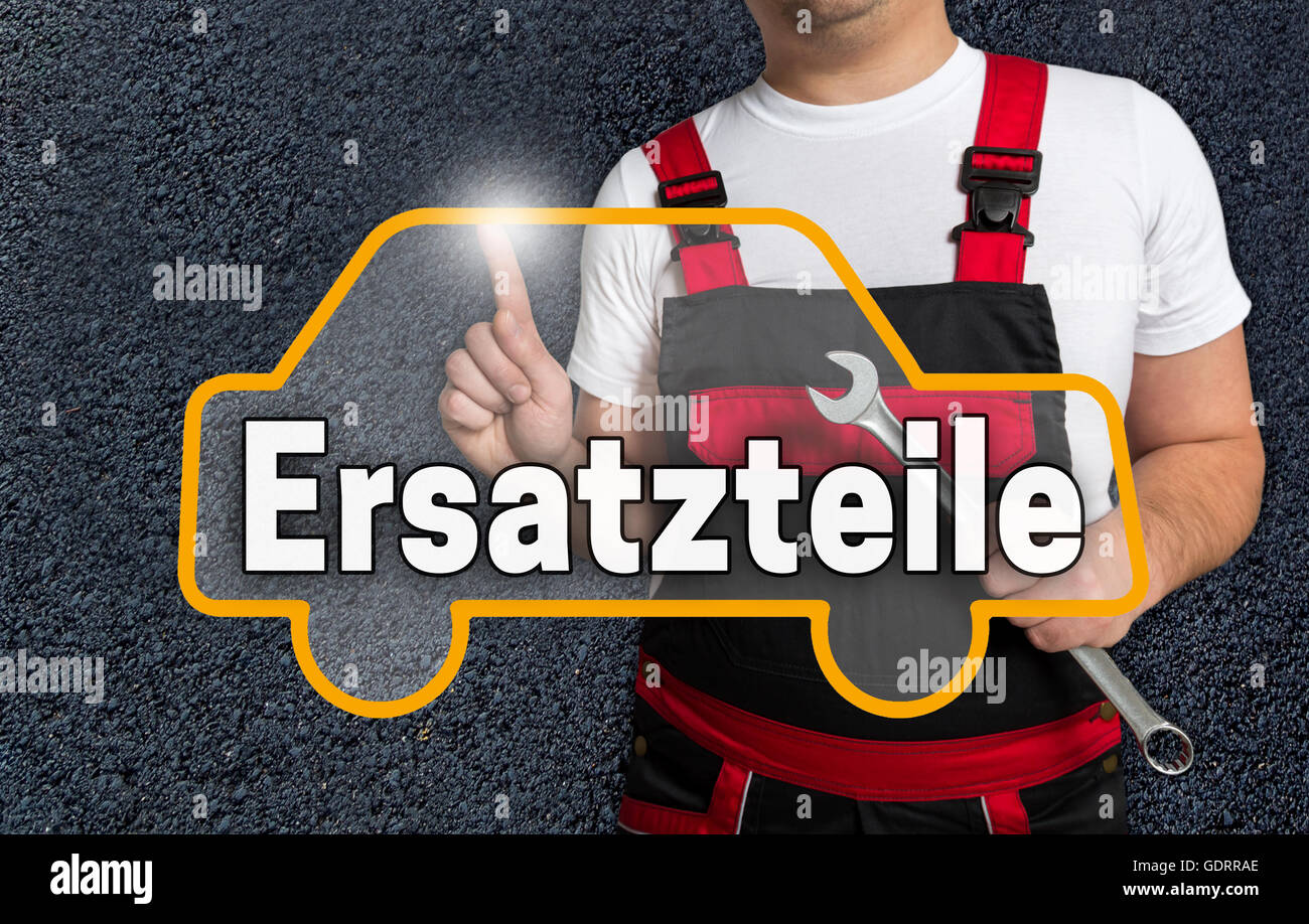 Ersatzteile (in german spare parts) touchscreen is operated by car mechanics. Stock Photo