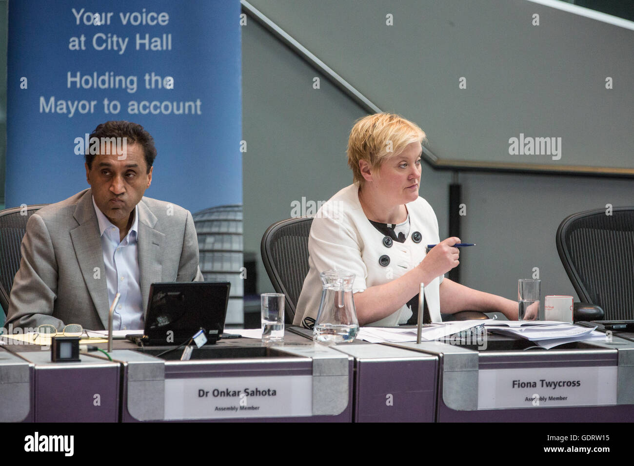 London, UK. 20th July, 2016. Labour London Assembly Members Dr Onkar Sahota Fiona Twycross at Mayor’s Question Time in City Hall. Credit:  Mark Kerrison/Alamy Live News Stock Photo