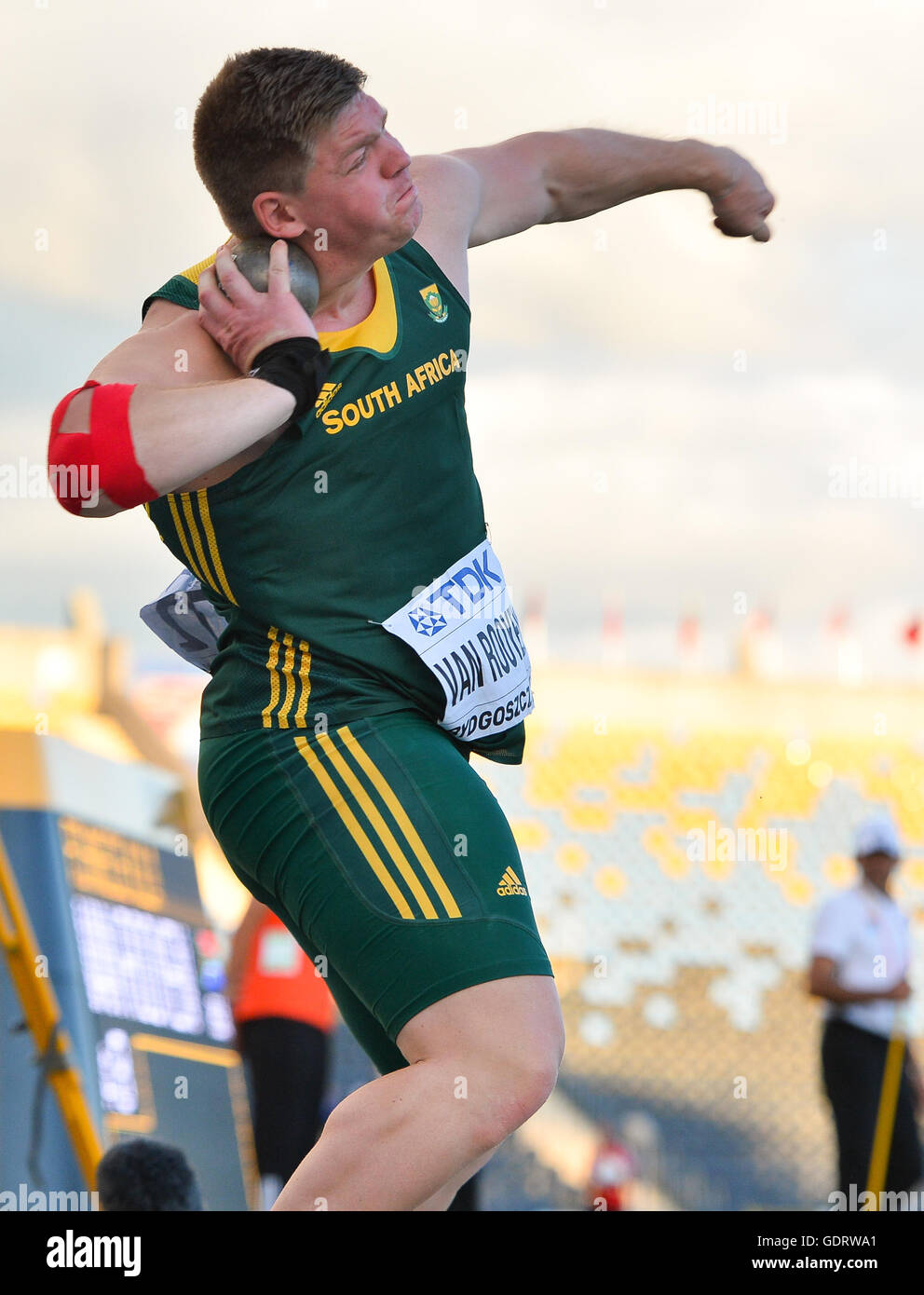 Bydgoszcz, Poland. 19th July, 2016. Jason van Rooyen of South Africa in the  final of the mens shot put during the afternoon session on day 1 of the  IAAF World Junior Championships