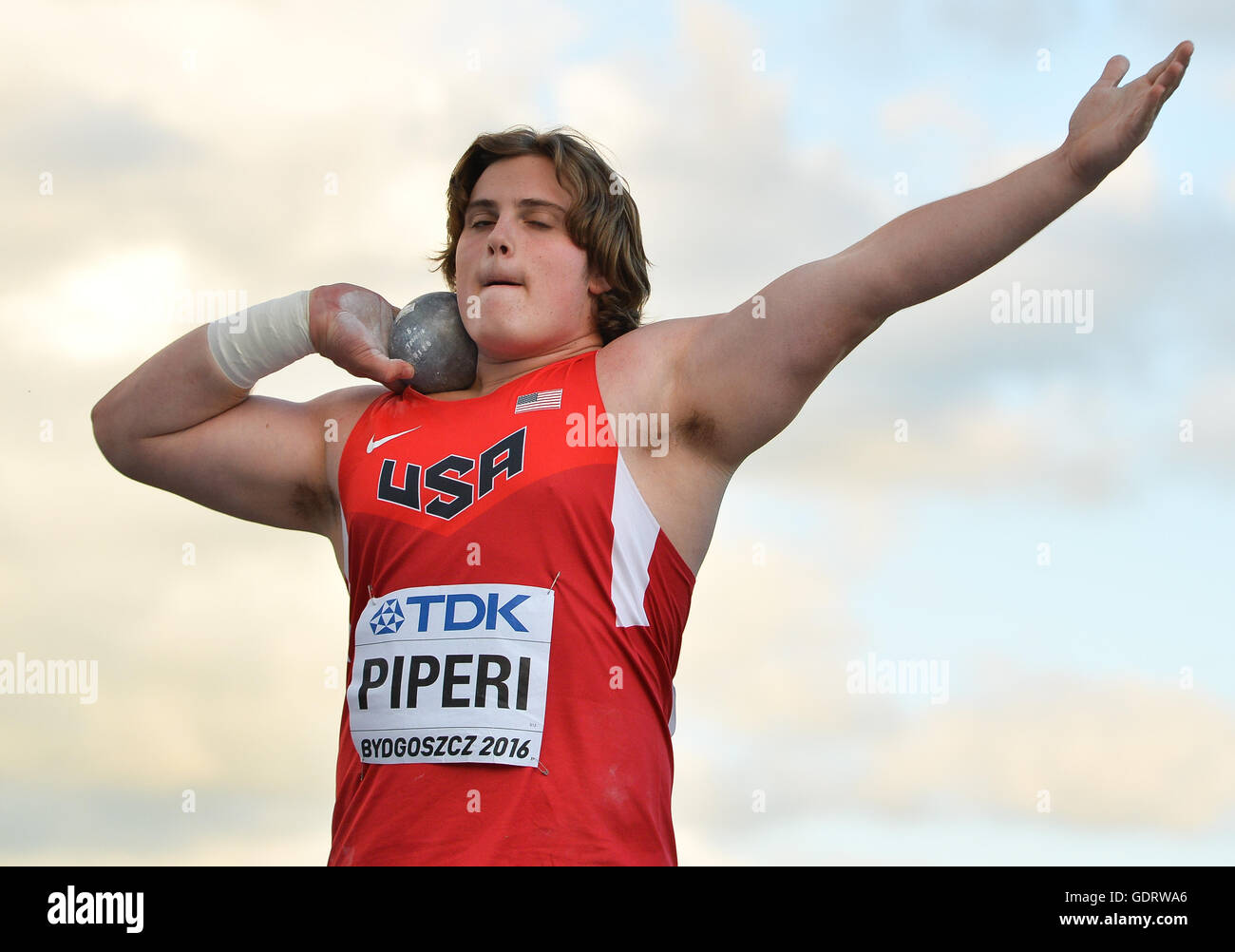 Bydgoszcz, Poland. 19th July, 2016. Adrian Piperi III of the USA in the final of the mens shot put during the afternoon session on day 1 of the IAAF World Junior Championships at Zawisza Stadium on July 19, 2016 in Bydgoszcz, Poland. Credit:  Roger Sedres/Alamy Live News Stock Photo