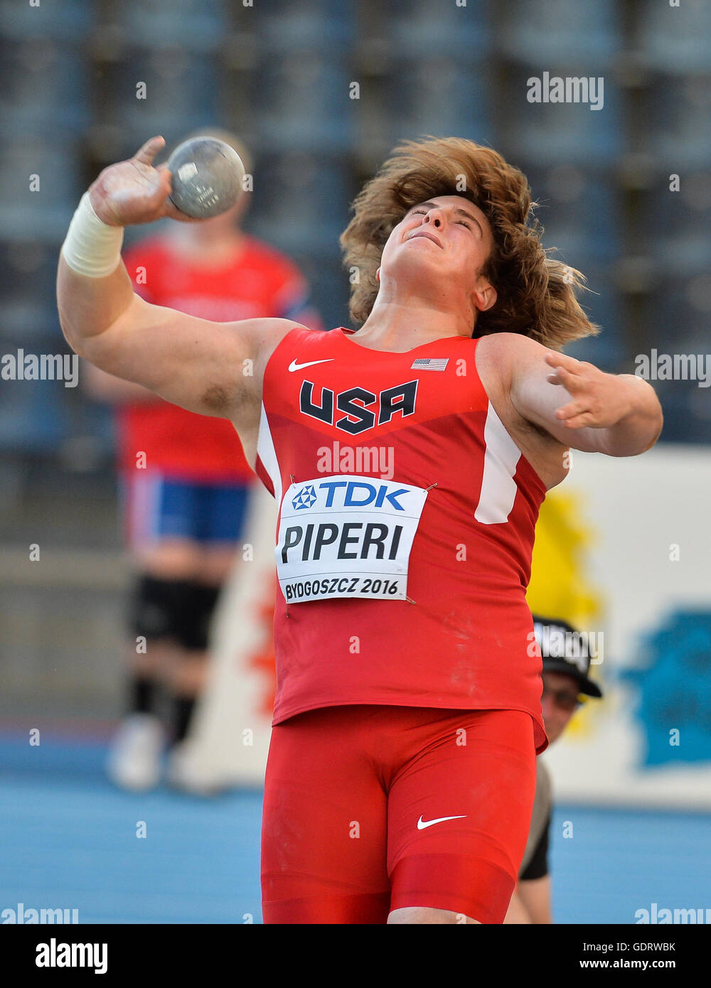 Bydgoszcz, Poland. 19th July, 2016. Adrian Piperi III of the USA in the final of the mens shot put during the afternoon session on day 1 of the IAAF World Junior Championships at Zawisza Stadium on July 19, 2016 in Bydgoszcz, Poland. Credit:  Roger Sedres/Alamy Live News Stock Photo