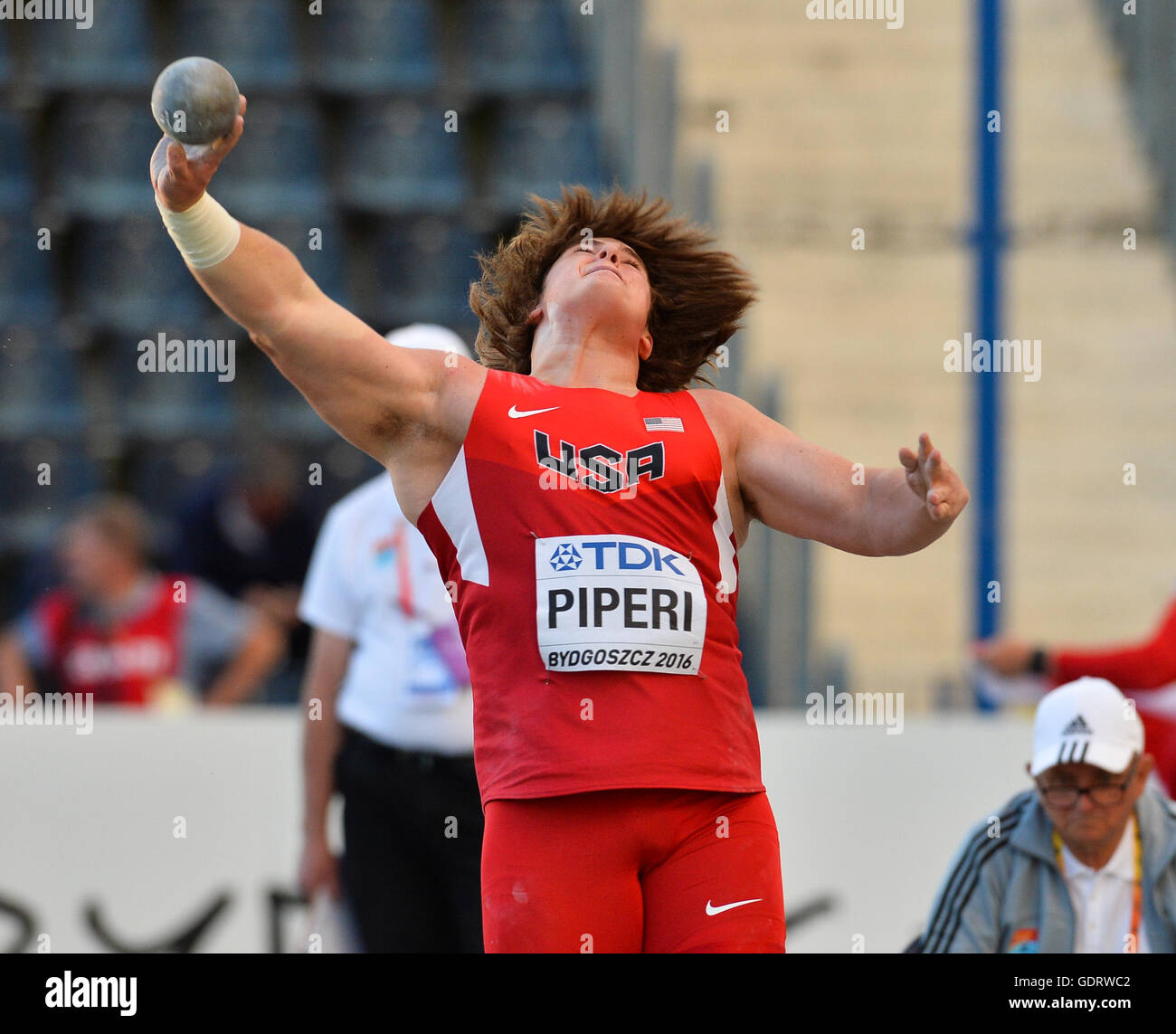 Bydgoszcz, Poland. 19th July, 2016. Adrian Piperi III of the USA in the final of the mens shot put during the afternoon session on day 1 of the IAAF World Junior Championships at Zawisza Stadium on July 19, 2016 in Bydgoszcz, Poland. Credit:  Roger Sedres/Alamy Live News Stock Photo