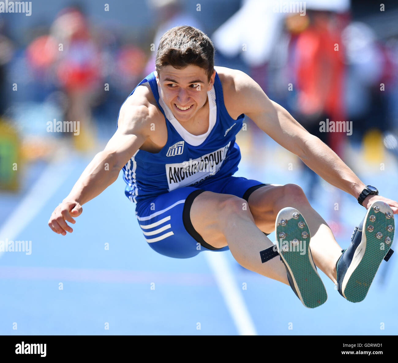 Bydgoszcz, Poland. 20th July, 2016. Nikolaos Andrikopoulos of Greece in the  qualification round of the mens triple jump during the morning session on  day 2 of the IAAF World Junior Championships at