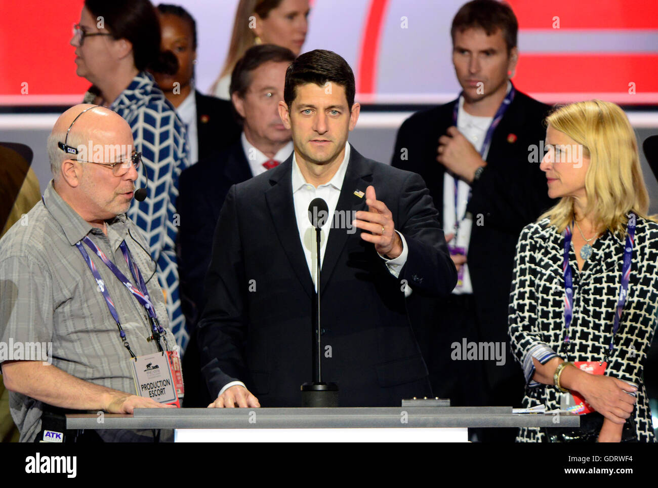 United States Speaker of the House Paul Ryan (Republican of Wisconsin) and his wife Janna participate in a rehearsal prior to the 2016 Republican National Convention in Cleveland, Ohio on Sunday, July 17, 2016. Standing behind them and pointing is US . Credit: Ron Sachs / CNP (RESTRICTION: NO New York or New Jersey Newspapers or newspapers within a 75 mile radius of New York City) - NO WIRE SERVICE - Stock Photo