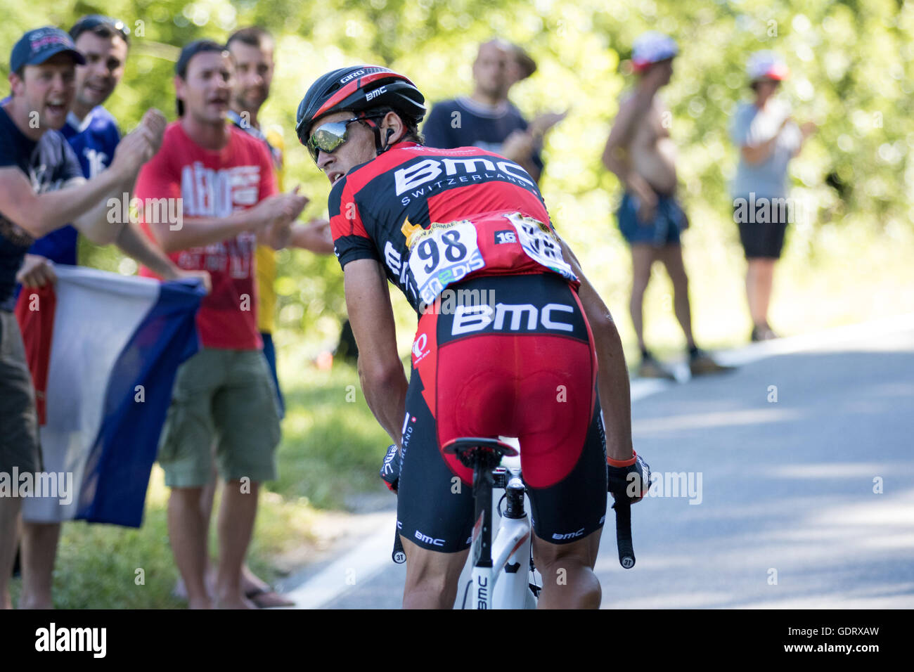 Finhaut, Switzerland. 20th July, 2016. 20th July, 2016. After dropping from the breakaway group, Greg Van Avermaet (BMC Racing Team) looks back, waiting to assist team leader Richie Porte up the climb to the Emosson dam. Credit:  John Kavouris/Alamy Live News Stock Photo