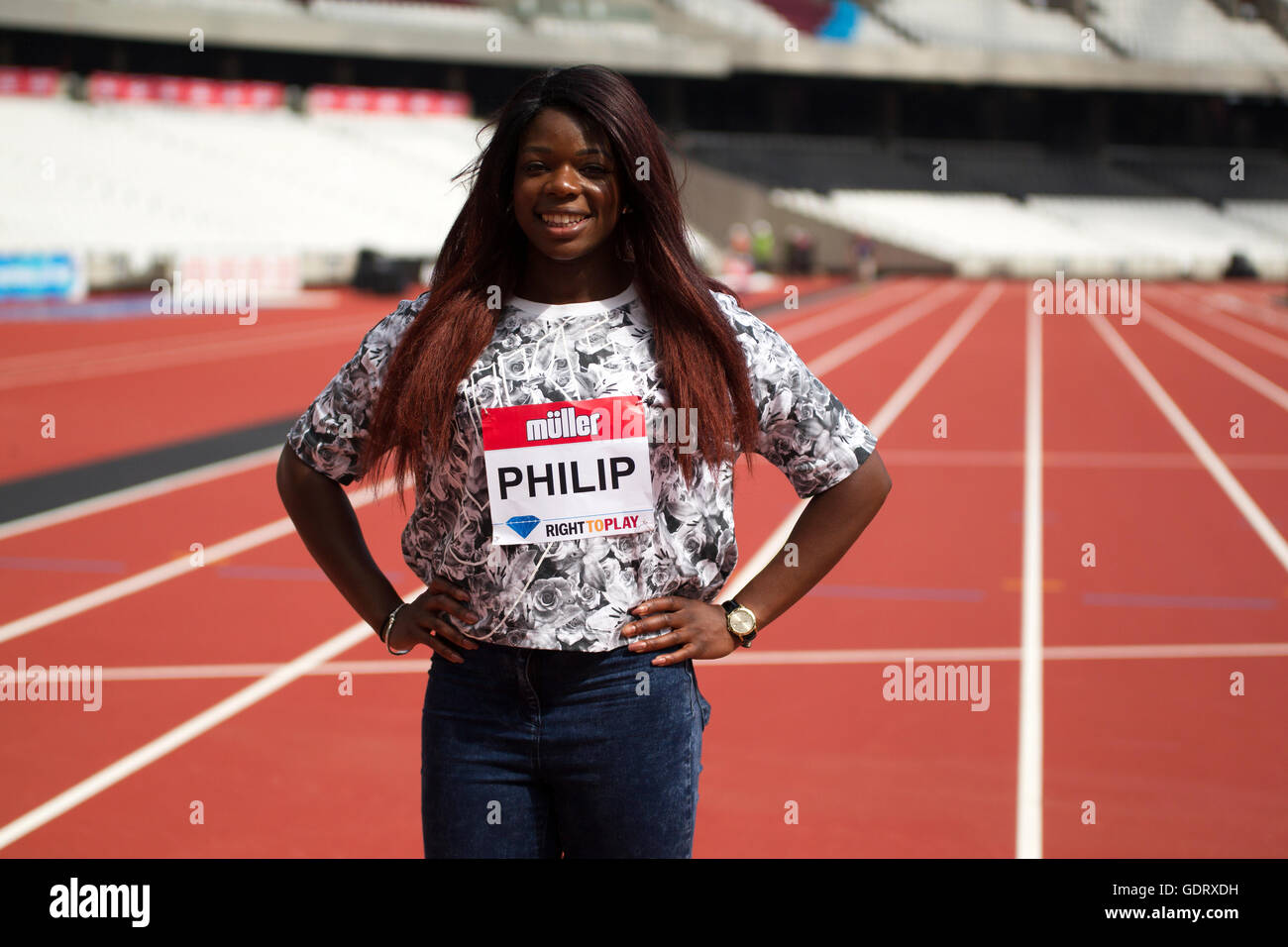 London , England - July 20, 2016 : Asha Philip of Great Britain poses for a photograph during a photo call ahead of the Muller Anniversary Games at the Olympic Stadium on July 20, 2016 in London, England. Credit:  Tom Smeeth/Alamy Live News Stock Photo