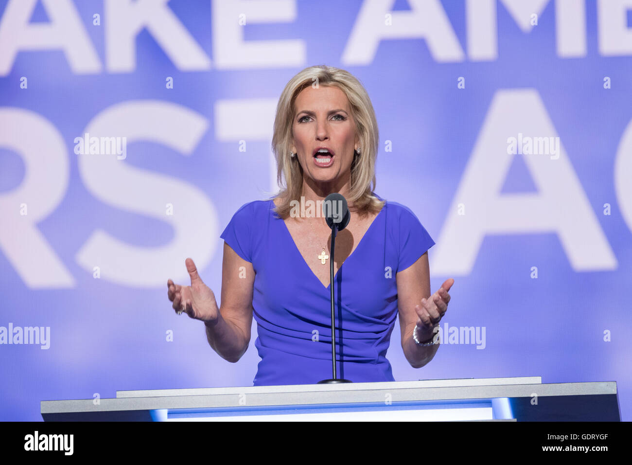 Cleveland, Ohio, USA. 20th July, 2016. Conservative Talk show personality Laura Ingraham addresses the third day of the Republican National Convention July 20, 2016 in Cleveland, Ohio. Credit:  Planetpix/Alamy Live News Stock Photo