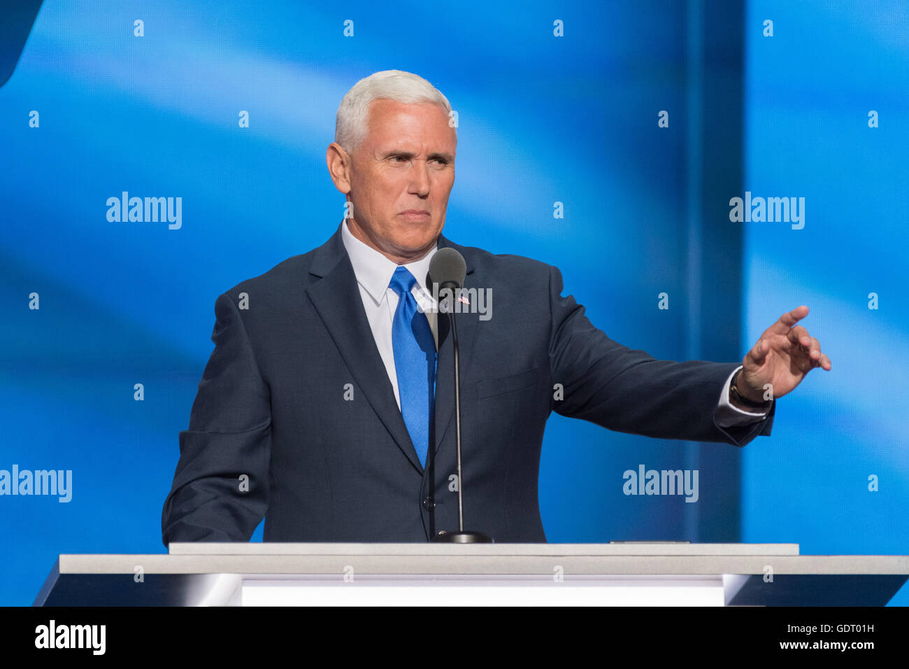 Cleveland, United States. 20th July, 2016. Gov. Mike Pence addresses delegates as he formally accepts the party's nomination as GOP Vice Presidential candidate during the third day of the Republican National Convention July 20, 2016 in Cleveland, Ohio. Credit:  Planetpix/Alamy Live News Stock Photo