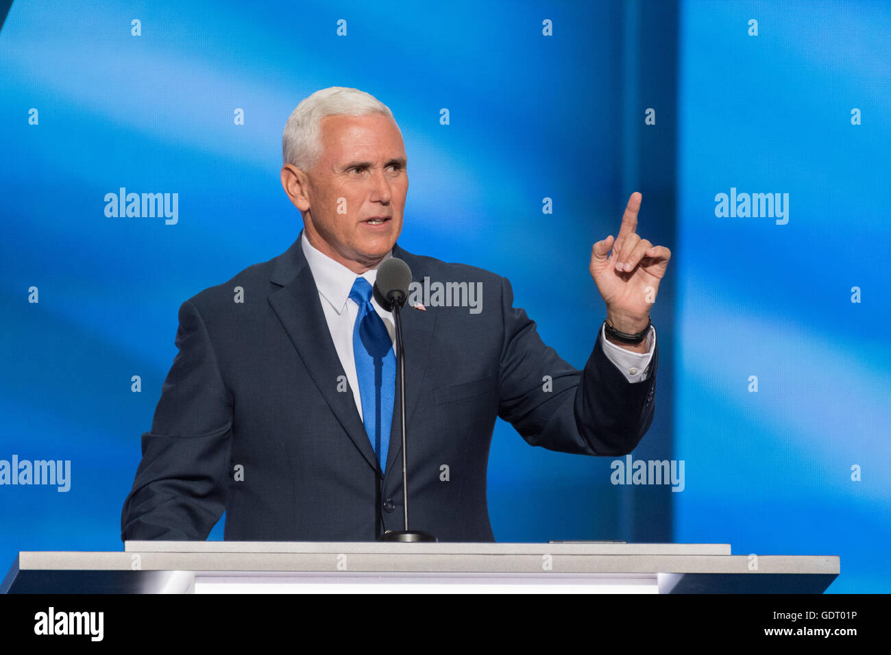 Cleveland, United States. 20th July, 2016. Gov. Mike Pence addresses delegates as he formally accepts the party's nomination as GOP Vice Presidential candidate during the third day of the Republican National Convention July 20, 2016 in Cleveland, Ohio. Credit:  Planetpix/Alamy Live News Stock Photo