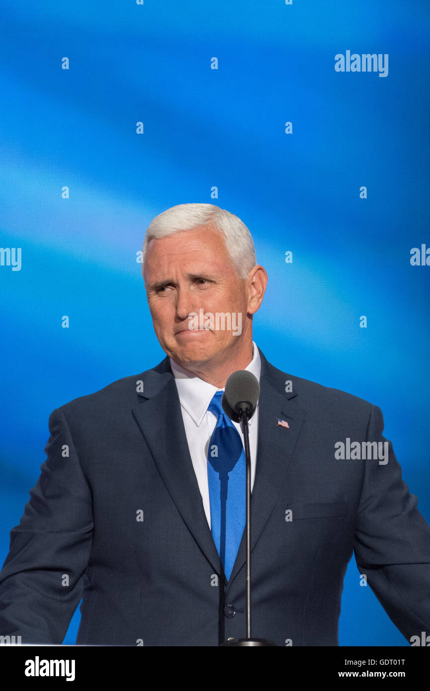 Cleveland, United States. 20th July, 2016. Gov. Mike Pence addresses delegates as he formally accepts the party's nomination as GOP Vice Presidential candidate during the third day of the Republican National Convention July 20, 2016 in Cleveland, Ohio. Credit:  Planetpix/Alamy Live News Stock Photo