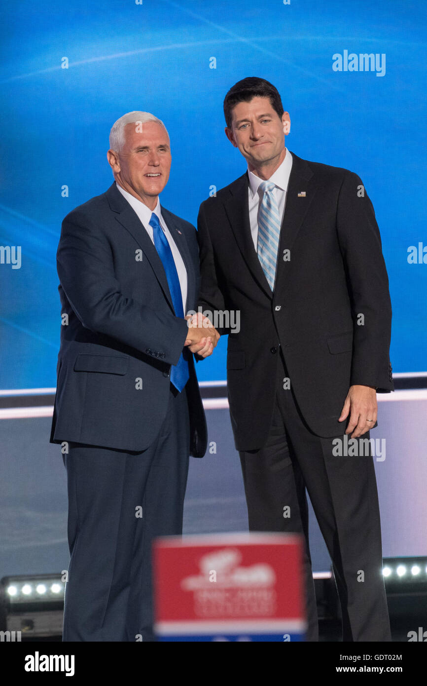 Cleveland, United States. 20th July, 2016. Gov. Mike Pence is introduced by Speaker Paul Ryan as he walks onstage to addresses delegates and formally accept the nomination as GOP Vice Presidential candidate during the third day of the Republican National Convention July 20, 2016 in Cleveland, Ohio. Credit:  Planetpix/Alamy Live News Stock Photo