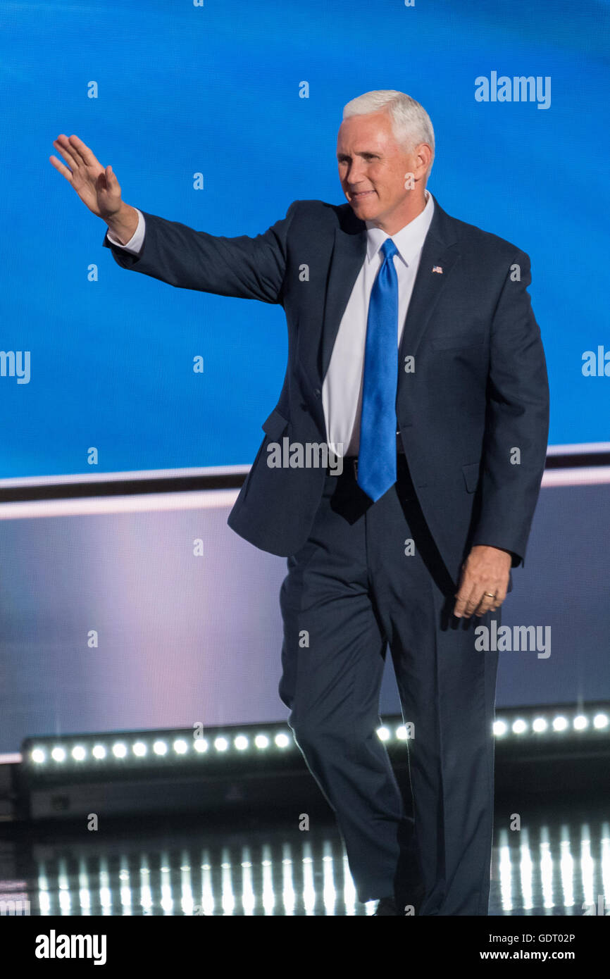 Cleveland, United States. 20th July, 2016. Gov. Mike Pence waves as he walks onstage to addresses delegates as he formally accepts the party's nomination as GOP Vice Presidential candidate during the third day of the Republican National Convention July 20, 2016 in Cleveland, Ohio. Credit:  Planetpix/Alamy Live News Stock Photo