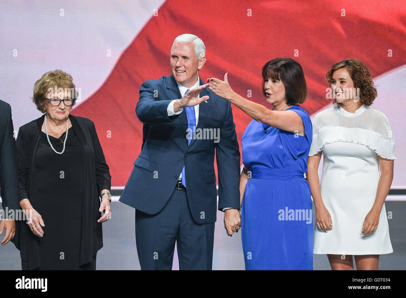 Cleveland, United States. 20th July, 2016. Gov. Mike Pence is joined onstage by his family after accepting the nomination as GOP Vice Presidential candidate during the third day of the Republican National Convention July 20, 2016 in Cleveland, Ohio. Credit:  Planetpix/Alamy Live News Stock Photo