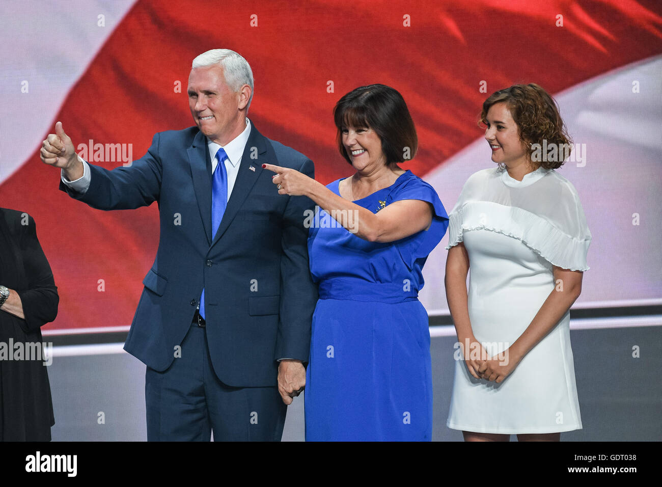 Cleveland, United States. 20th July, 2016. Gov. Mike Pence is joined onstage by his family after accepting the nomination as GOP Vice Presidential candidate during the third day of the Republican National Convention July 20, 2016 in Cleveland, Ohio. Credit:  Planetpix/Alamy Live News Stock Photo