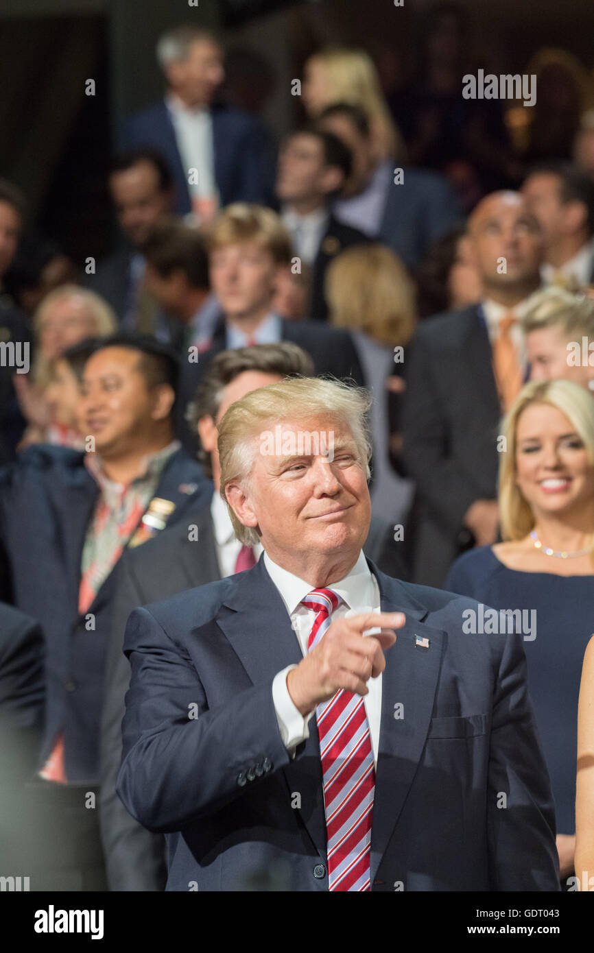 Cleveland, United States. 20th July, 2016. GOP Presidential nominee Donald Trump gestures after arriving at the VIP box during the third day of the Republican National Convention July 20, 2016 in Cleveland, Ohio. Credit:  Planetpix/Alamy Live News Stock Photo