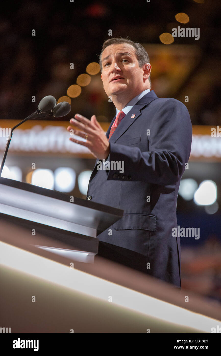 Cleveland, Ohio, USA; July 20, 2016: Texas Senator and defeated presidential candidate Ted Cruz speaks at Republican National Convention. Cruz was booed for not endorsing Donald Trump. (Philip Scalia/Alamy Live News) Stock Photo