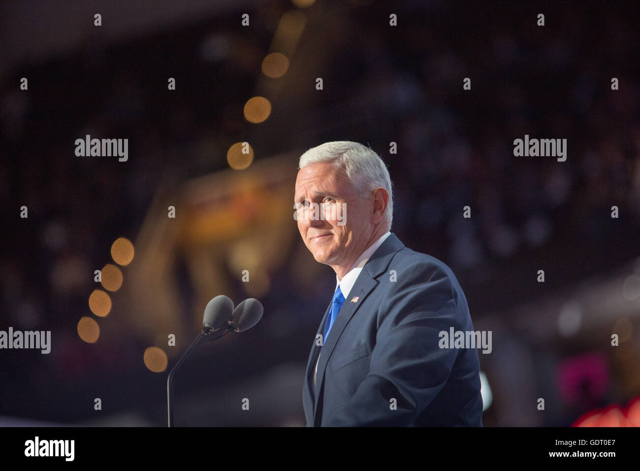 Cleveland, Ohio, USA; July 20, 2016: Vice presidential candidate Mike Pence speaks at the Republican National Convention. (Philip Scalia/Alamy Live News) Stock Photo