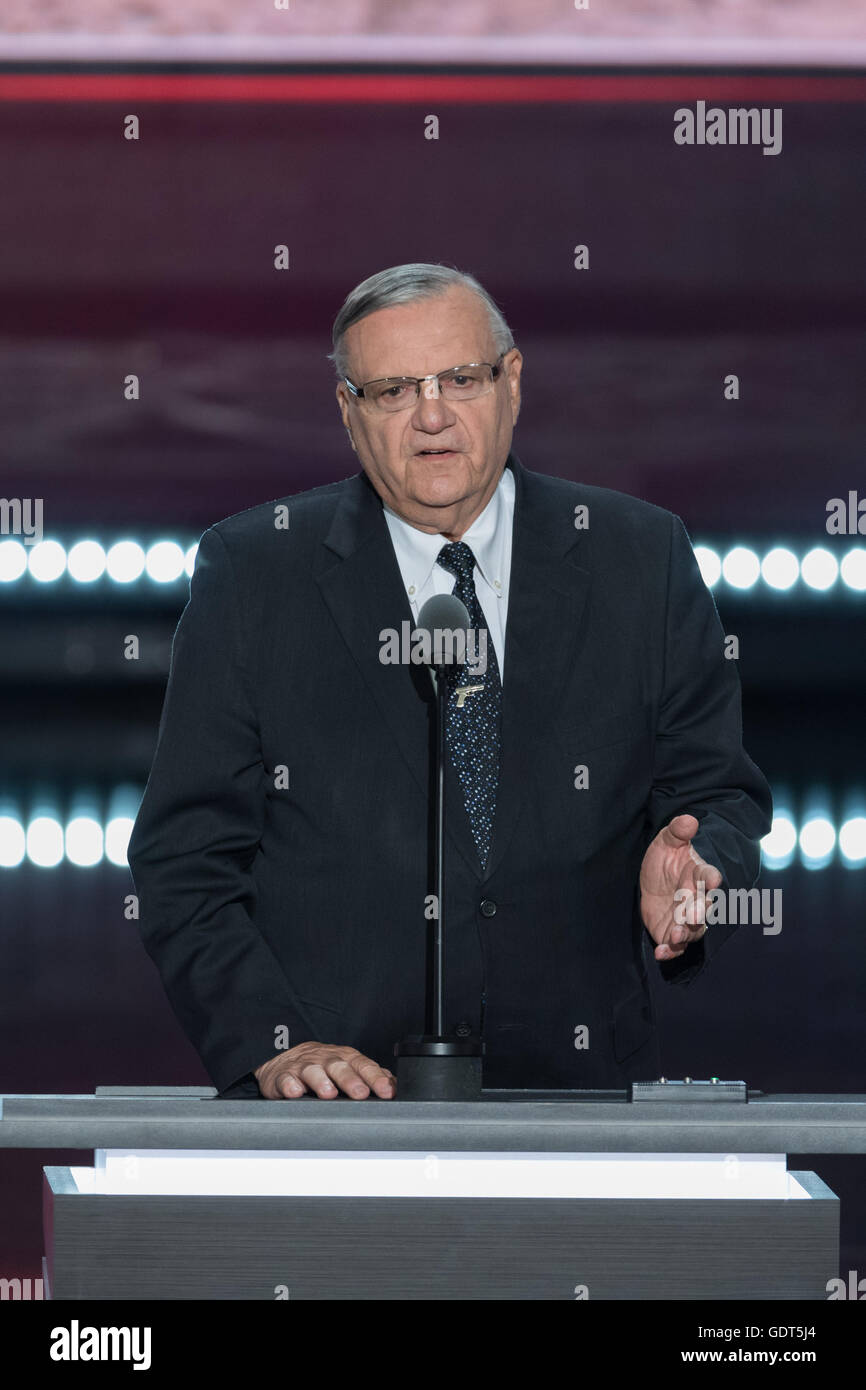 Sheriff Joe Arpaio addresses delegates on the final day of the Republican National Convention July 21, 2016 in Cleveland, Ohio. Stock Photo