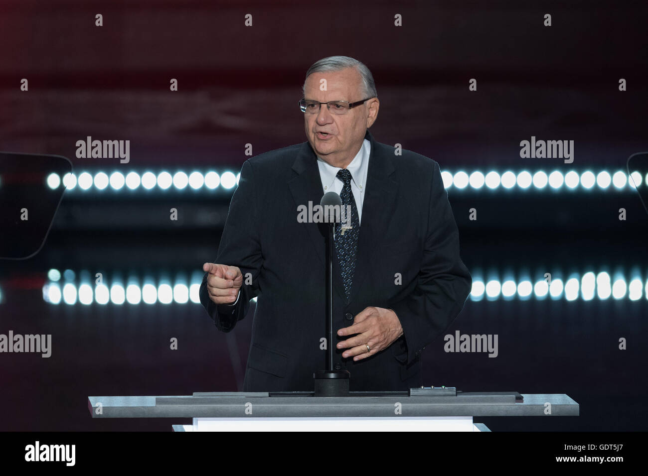 Sheriff Joe Arpaio addresses delegates on the final day of the Republican National Convention July 21, 2016 in Cleveland, Ohio. Stock Photo