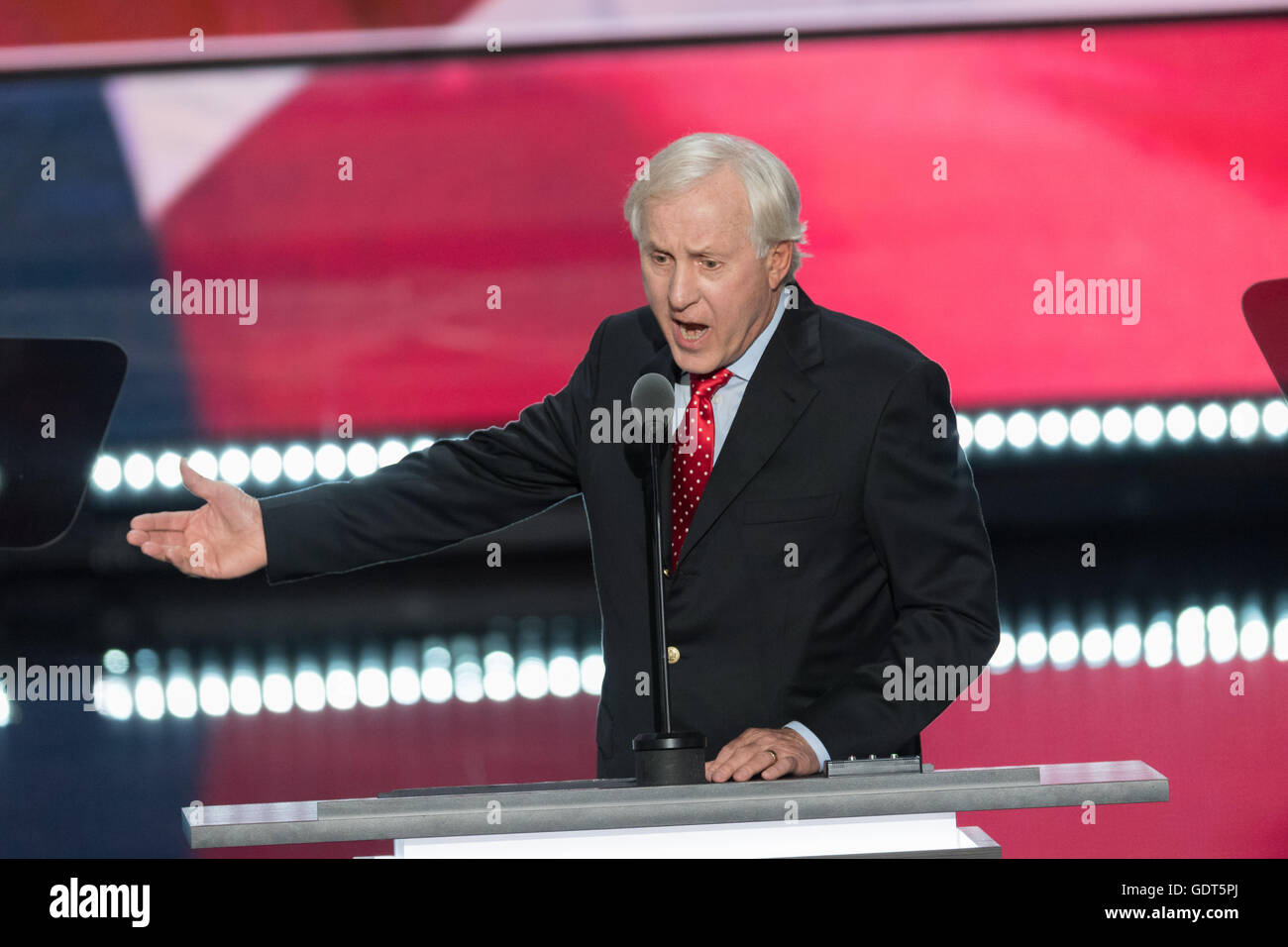Former National Football League quarterback Fran Tarkenton address delegates on the final day of the Republican National Convention July 21, 2016 in Cleveland, Ohio. Stock Photo