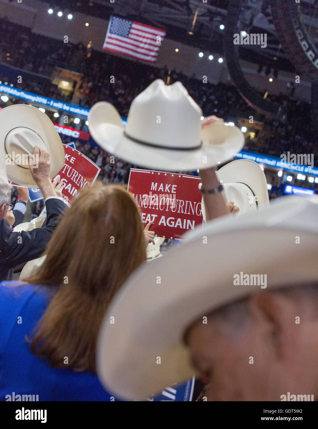 Cleveland, Ohio, USA; July 21, 2016: Texas delegation cheers, fourth and last night at the Republican National Convention. (Philip Scalia/Alamy Live News) Stock Photo