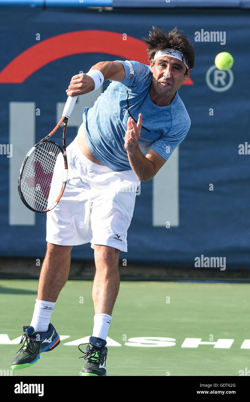Washington, D.C, USA. 21st July, 2016. MARCOS BAGHDATIS smashes a serve