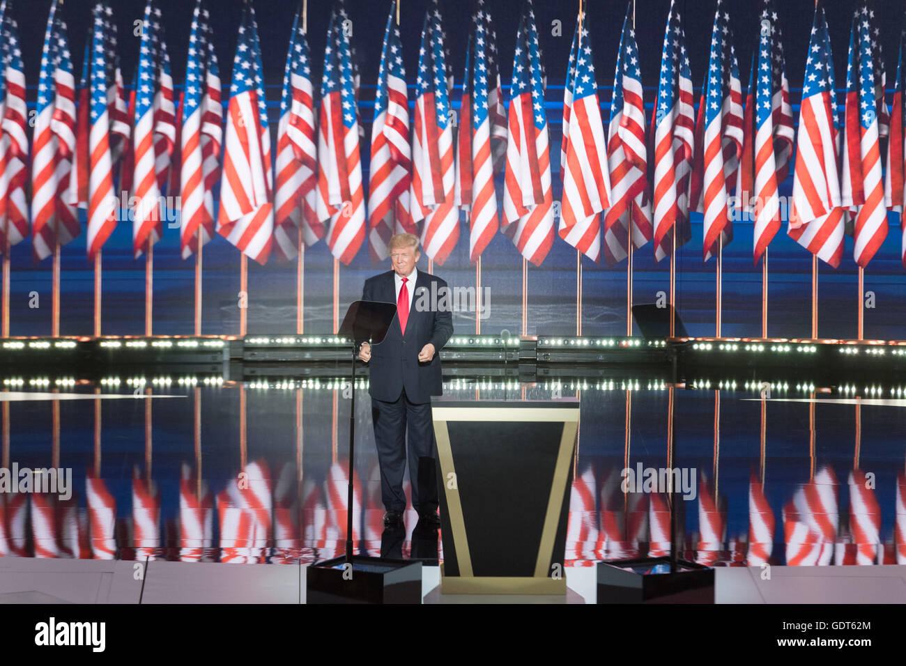 Cleveland, Ohio, USA. 21st July, 2016. GOP Presidential candidate Donald Trump enters the stage to accept the party nomination for president on the final day of the Republican National Convention July 21, 2016 in Cleveland, Ohio. Credit:  Planetpix/Alamy Live News Stock Photo