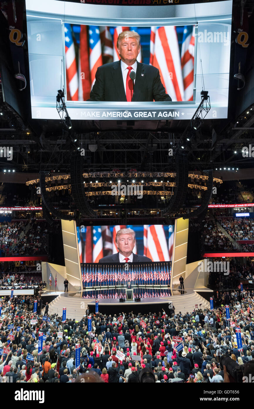 Cleveland, Ohio, USA. 21st July, 2016. GOP Presidential candidate Donald Trump accepts the party nomination for president on the final day of the Republican National Convention July 21, 2016 in Cleveland, Ohio. Credit:  Planetpix/Alamy Live News Stock Photo